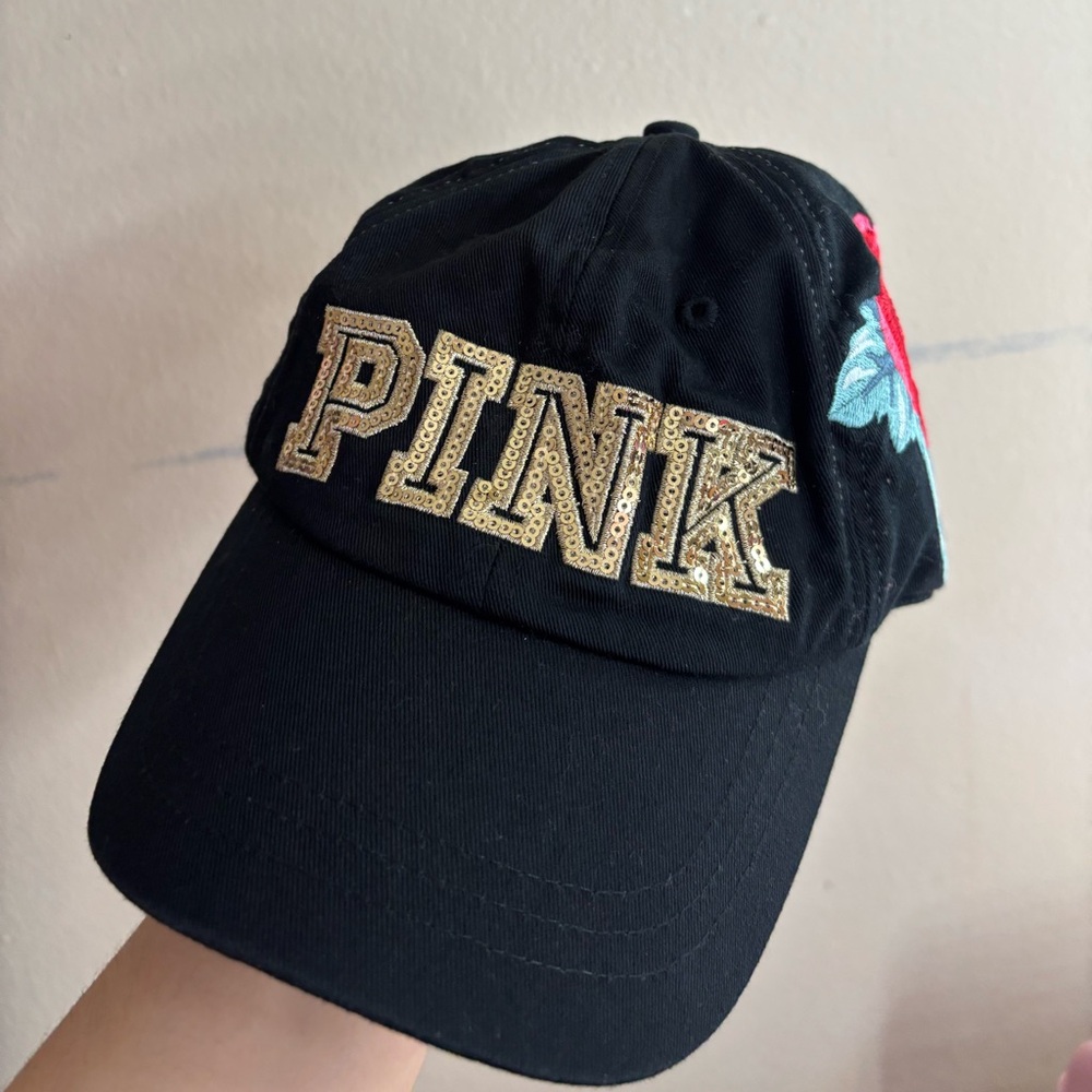 PINK Victoria's Secret Black Hat with Gold Logo and Floral Design